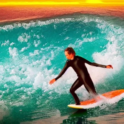 Prompt: man surfing on a wave of lava, playing heavy metal on a large guitar