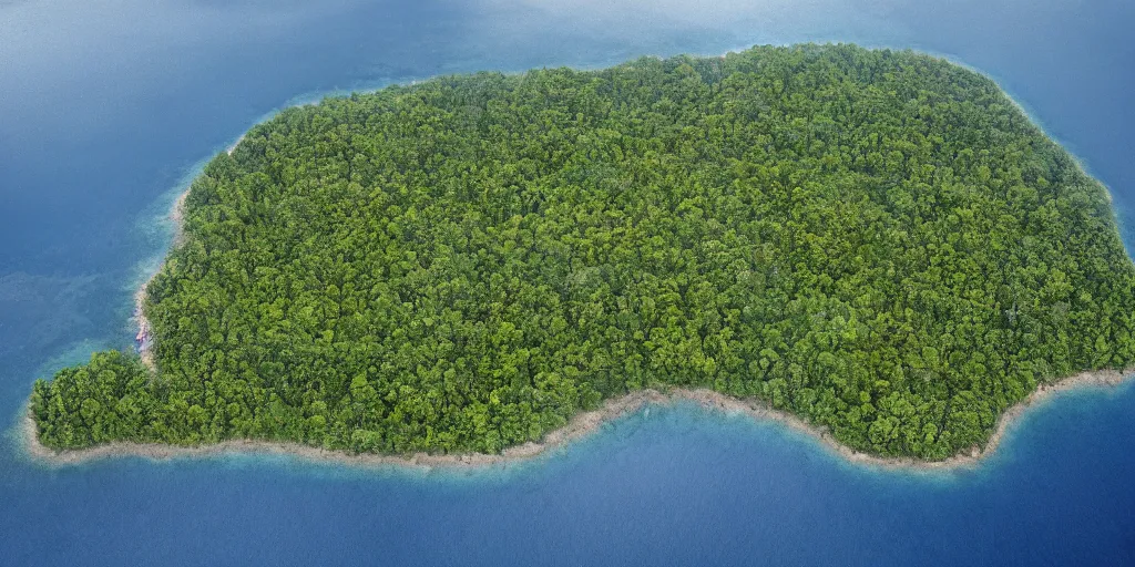 Prompt: National Geographic photograph of a forested island. Ocean in the background. Realistic.