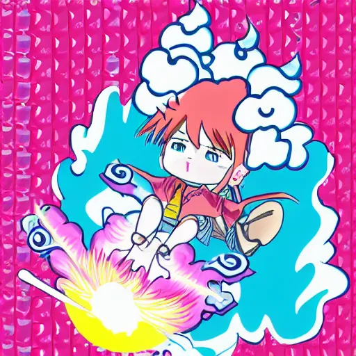 Image similar to kawaii wacky fluffy popcorn with lightning bolt power, yokai, in the style of a manga character, with a smiling face and flames for hair, sitting on a lotus flower, white background, simple, clean composition, symmetrical