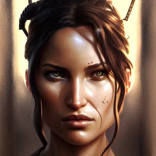 Prompt: symmetry!! intense portrait of lara croft, intricate, elegant, highly detailed, my rendition, digital painting, artstation, concept art, smooth, sharp focus, illustration, art by artgerm and greg rutkowski and alphonse mucha