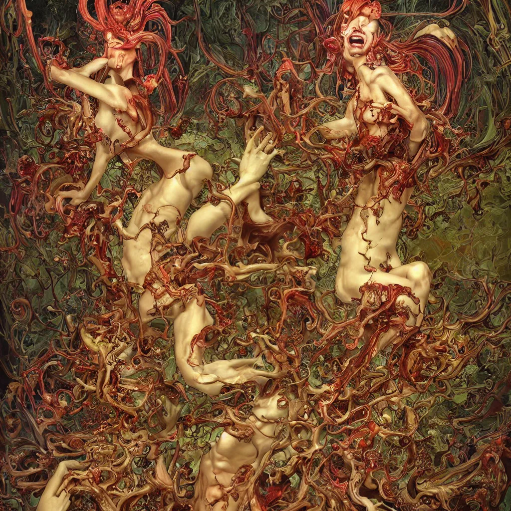 Prompt: epic photorealistic photograph of a grotesque veiny glossy wet gory nightmare fungus demon god. uhd, amazing depth, cinematic lighting, levitating floating fungus god with arms outstretched, by lisa frank, ayami kojima, amano, karol bak, greg hildebrandt, and mark brooks, by thomas blackshear and alphonse mucha.