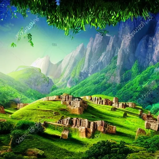 Image similar to the most beautiful and lush landscape in the universe, colorful mountains and green hills, ruined building and ancient civilizations, realistic lighting