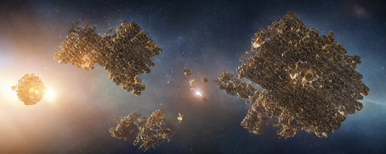 Prompt: movie still, wasp hive megastructure in space, unreal engine, octane render, detailed and intricate, global illumination, volumetric lighting, hubble telescope images, james webb telescope images, houdini fluid simulation, detailed and intricate environment