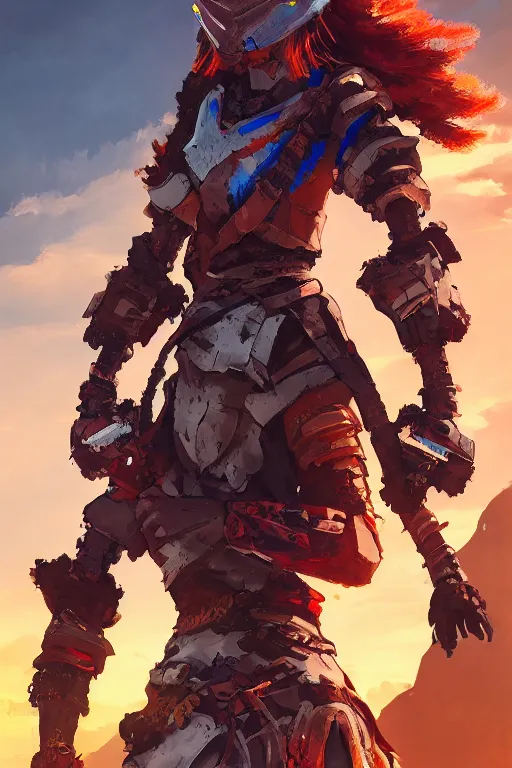 Image similar to combination suit armor aloy horizon forbidden west horizon zero dawn radiating a glowing aura global illumination ray tracing hdr fanart arstation by ian pesty and alena aenami artworks in 4 k tribal robot ninja mask helmet backpack