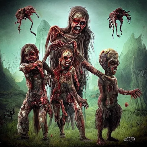 Image similar to “ zombie childs in stone age, artwork, detailed, fantasy ”