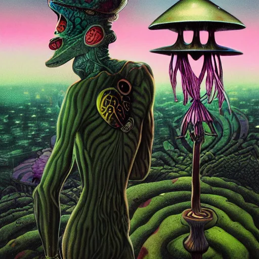 Image similar to A centered chest up portrait of a psychedelic shaman-like anthropomorphic frog smoking a hand-rolled cigarette smoking heavily , magic mushroom village in background . award winning. superb resolution. in the art style of junji Ito and greg rutkowski . Detailed Mushroom city in background. Hyper realistic anime. Perfect art. Dalle2