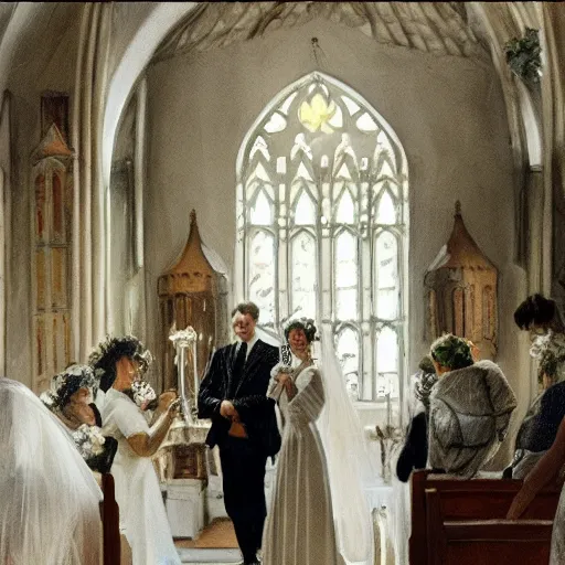 Image similar to two young edwardian women getting married in a beautiful swedish church, in the style of anders zorn