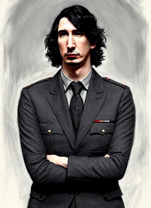 Image similar to painting of both john oliver and adam driver together, john oliver, adam driver, stoic, full body, military uniform, fantasy, intricate, elegant, beautiful, highly detailed, charcoal, centered, dark, smokey, digital painting, concept art, smooth, sharp focus, illustration, art by artgerm, art by greg rutkowski, art by alphonse mucha