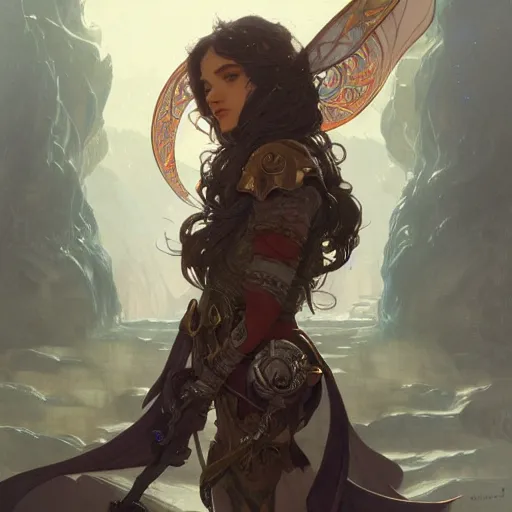 Image similar to full portrait of beautiful paladin elf man with long wavy dark hair, intricate, elegant, highly detailed, digital painting, artstation, concept art, smooth, sharp focus, illustration, art by Krenz Cushart and Artem Demura and Alphonse Mucha,