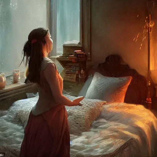 Image similar to A young female wizard, surprising herself by accidentally casting her first spell while practicing in bed, fantasy art by Greg Rutkowski