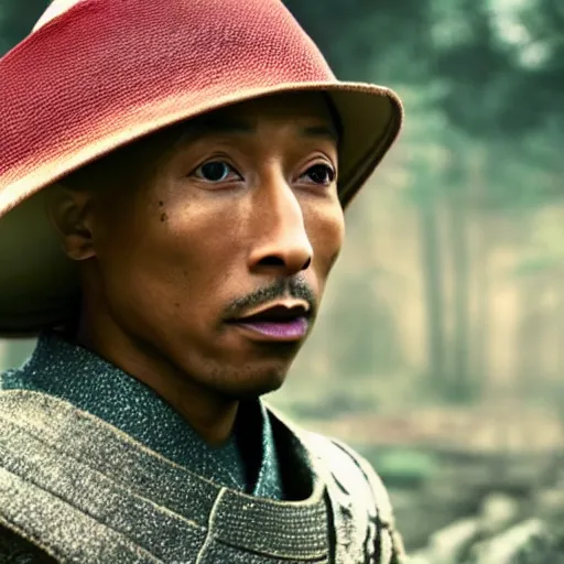 Image similar to cinematic film still Pharrell Williams starring as a Samurai holding fire, Japanese CGI, VFX, 2003, 40mm lens, shallow depth of field,film photography