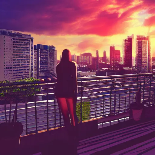 Image similar to a woman on a balcony leaning on the rail overlooking an overgrown city at sunset, digital art, colorful, scenic, powerful