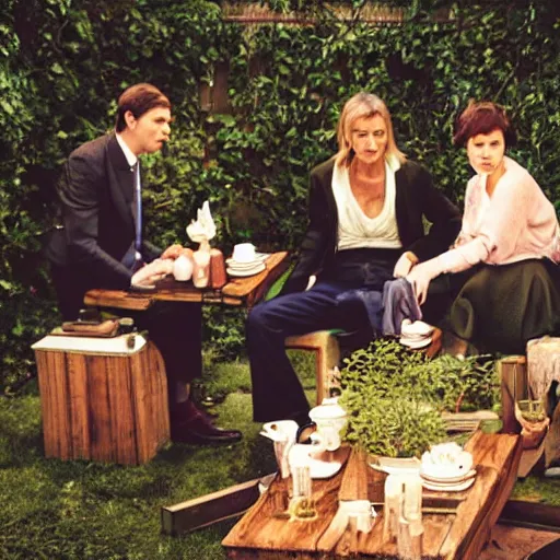 Prompt: four people are sitting on a garden table at night. photo by mario testino