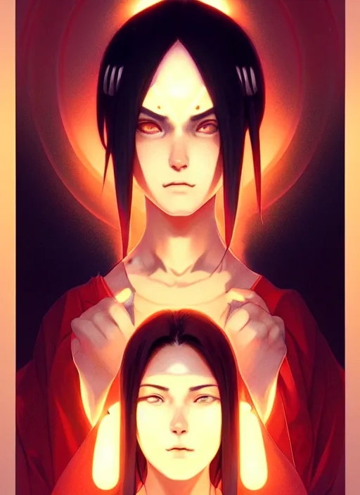 Image similar to symmetry!! itachi, glowing lights!! intricate, elegant, highly detailed, digital painting, artstation, concept art, smooth, sharp focus, illustration, art by artgerm and greg rutkowski and alphonse mucha