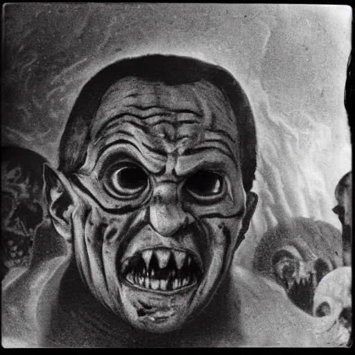 Image similar to sergey lavrov demonic horror jester face, in lava cave, polaroid black and white picture, 1 9 th century, scary horrifying satanic rituals, hell gate