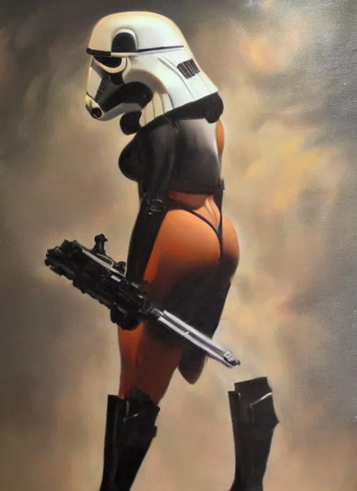 Image similar to oil painting of Storm trooper by frank frazetta alluring pin up