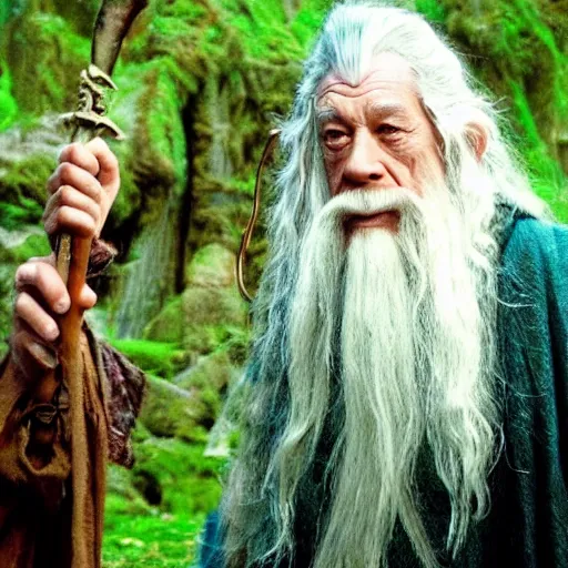 Image similar to gandalf doing a shamanic ritual with frodo in the movie lord of the rings, ayahuasca, dmt, magic mushroom, ultra realistic