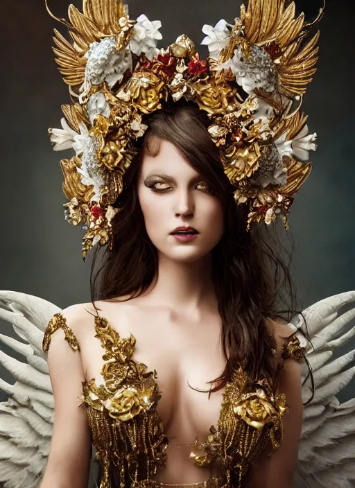 Image similar to expressive full body photo of a female model as beautiful angel, ornate headpiece made from flowers, ivory, ornaments, glamour shot, by karol bak, by stefan gesell, octane render, unreal engine, photorealistic, canon r 3, fashion photography, studio shot, environmental portrait, dark fantasy, dark beauty, magazine, symmetrical features