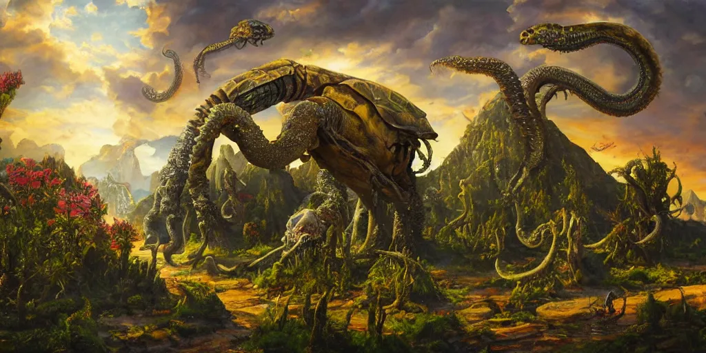 Image similar to fantasy oil painting, great leviathan, cybernetic turtle cephalopod terrapin reptilian pachyderm squid, bella hadid, hybrid, milla jovovich, anubis, epic natural light, lush plants flowers, spectacular mountains, bright clouds, luminous sky, outer worlds, golden hour, michael cheval, edward hopper, michael whelan, vray, hd