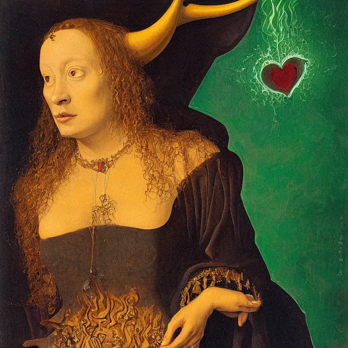 Image similar to a closeup portrait of a horned woman, opening her chest, casting green into a flame, in a heart nebula, heart nebula, golden hour, by jan van eyck