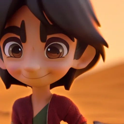 Image similar to a profile view of young aladdin as nendoroid walking in a desert in the croods movie style, anime, disney, pixar, 8 k, hd, dof, kodak film, volumetric lighting, subsurface scattering, photorealistic, octane render, details