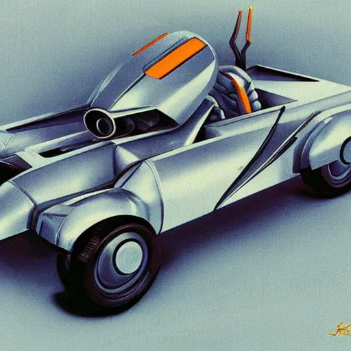 Image similar to retrofuturist car looking like an evangelion bot. vintage science fiction. cinematic sci - fi scene. science fiction lightning. symmetry. accurate anatomy. science fiction theme. brutalism. intricate detail. epic. retrofuturism. surrealism. intimidating. retrofuturism. art by john singer sargent - akira toriyama - keith parkinson - joaquin sorolla - kev walker