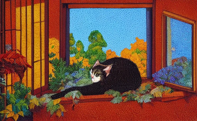 Prompt: sleeping cat on window, inside house in village, plants, autumn colors, divisionism and pointillism style