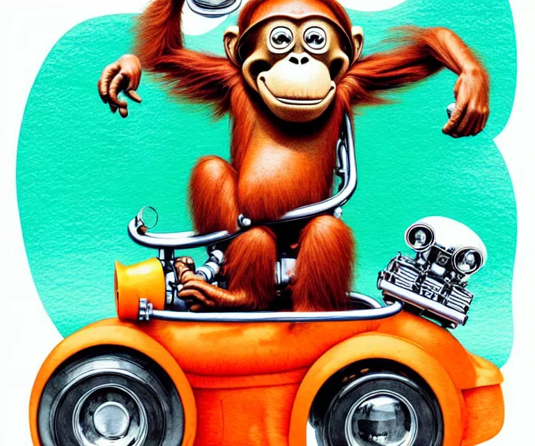 Image similar to cute and funny, orangutan wearing a helmet riding in a tiny hot rod with oversized engine | ratfink style by ed roth, centered award winning watercolor pen illustration, isometric illustration by chihiro iwasaki, edited by range murata, tiny details by artgerm, symmetrically isometrically centered