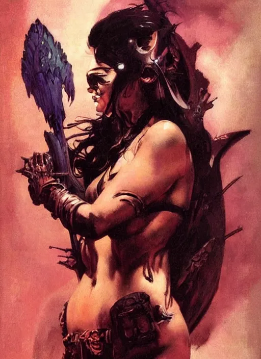 Image similar to portrait of female chaos angel, beautiful! coherent! by frank frazetta, by brom, strong line, deep color, armor, volumetric hair, high contrast, maximalist