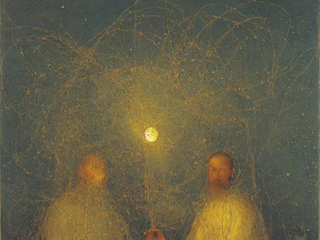 Image similar to painting by mikalojus konstantinas ciurlionis, bosch. portrait of fisherman with net at night with fireflies