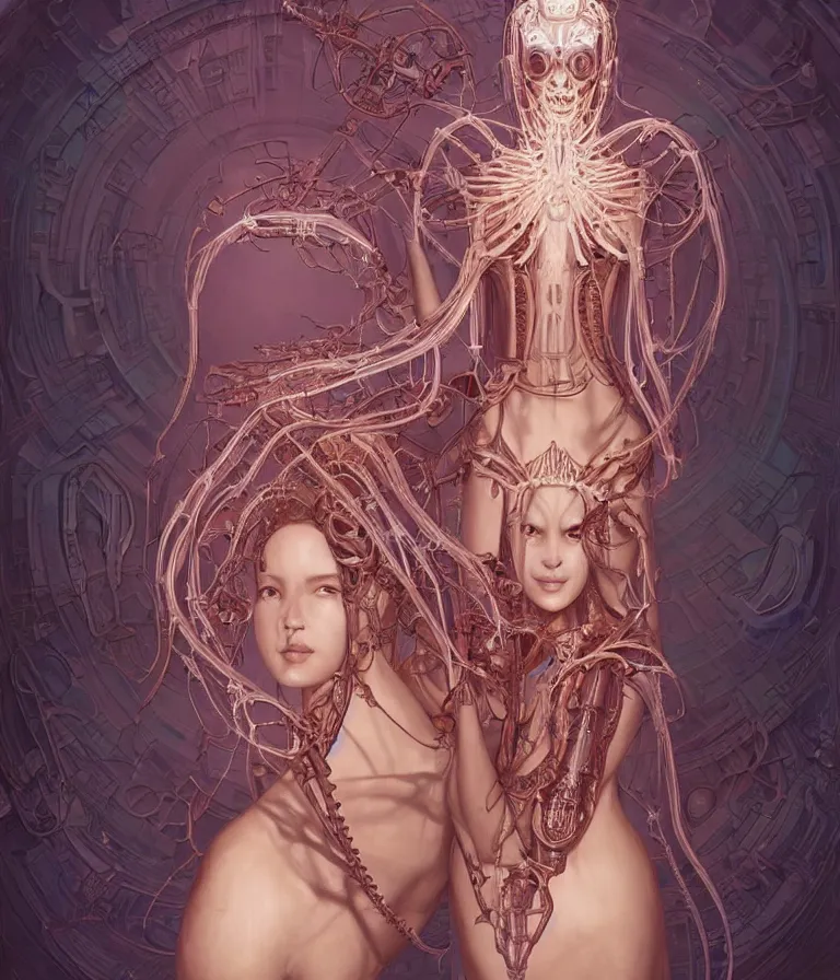 Image similar to fully symmetrical centered portrait of a beautiful princess in robe. artificial muscles, ribcage, bones, hard surface modelling. cyberpunk look. biomechanical mask. bio luminescent biomechanical halo around head. jellyfish. artwork by jarold Sng by artgerm, by Eddie Mendoza, by Peter mohrbacher by tooth wu by alfons mucha, unreal engine, octane render, cinematic light, iridescent details, iridescent colors, dichroic, macro, depth of field, blur