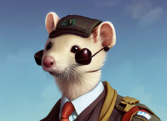 Image similar to character portrait feature of the anthro male anthropomorphic ferret fursona wearing airline pilot outfit uniform professional pilot character design stylized by charlie bowater, ross tran, artgerm, and makoto shinkai, detailed, soft lighting, rendered in octane, airport in background