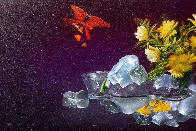 Image similar to hyperrealism oil painting, ice cube with flowers and fireflies, gradient mixed with nebula sky, in style of baroque