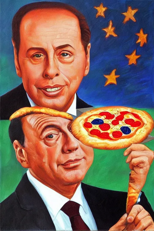 Prompt: oil painting, portrait of berlusconi, prime minister, holding a pizza, italian flag, futurist style