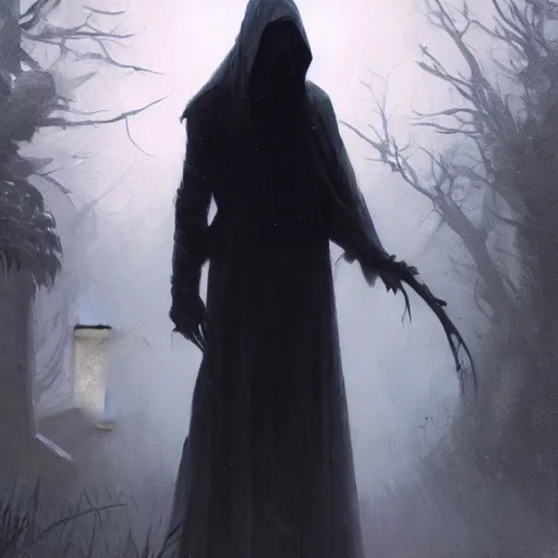 Prompt: a hauntingly beautiful painting by greg rutkowski and thomas kinkade of a dark figure in a graveyard at night, trending on artstation.