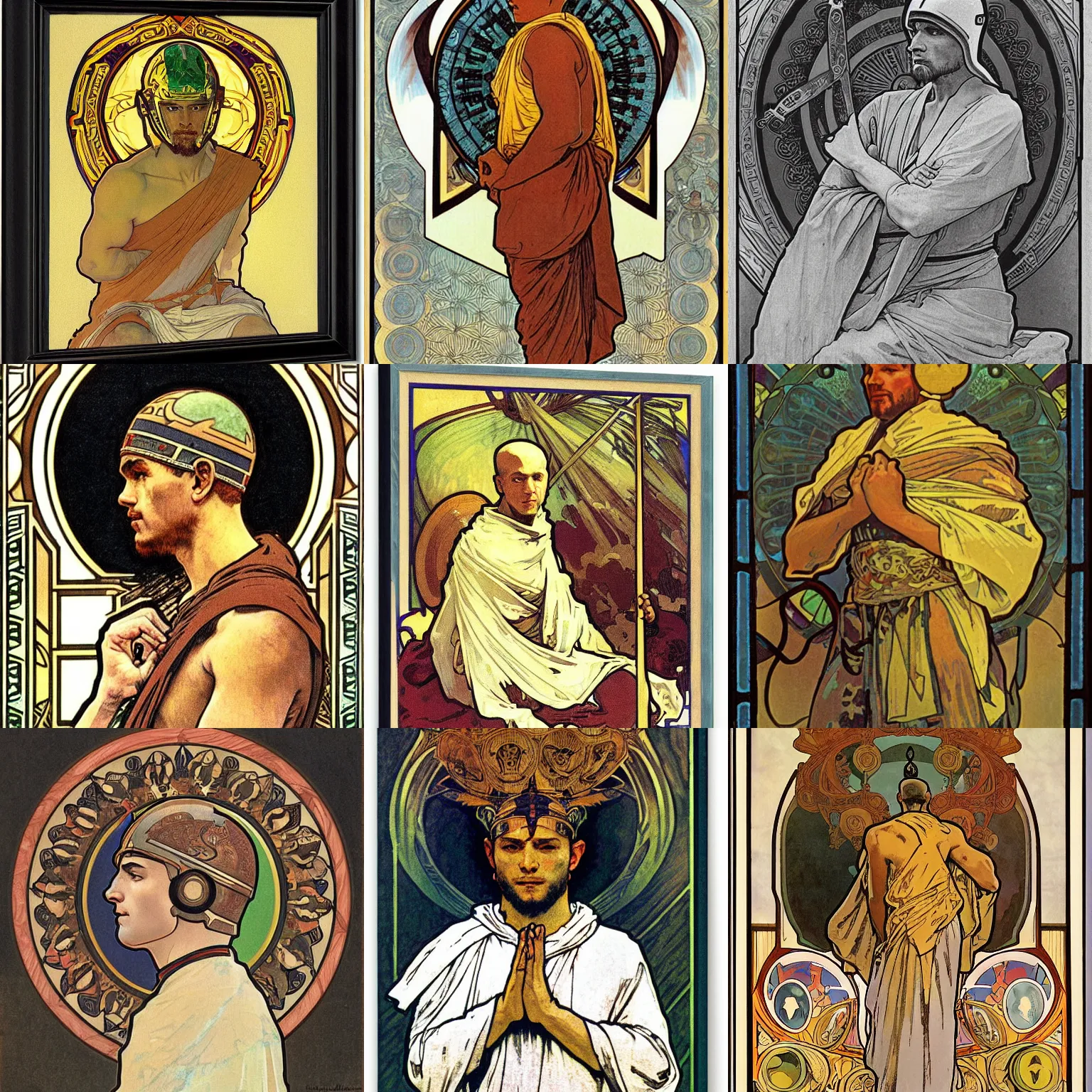 Prompt: portrait of a monk meditating wearing a spartan helmet, illustration, art by alphonse mucha