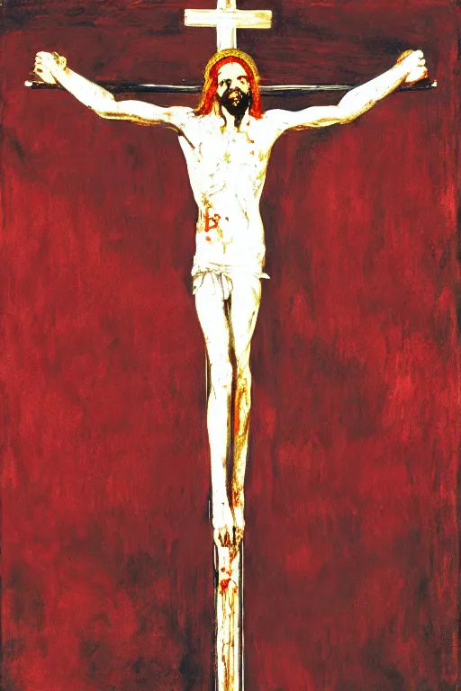 Image similar to bloody christ crucified and the light of god in the sky painted by cy twombly and andy warhol