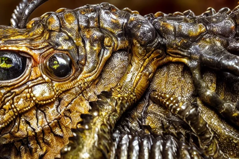 Image similar to photo taken of an epic intricate, ultra detailed, super realistic sculpture of a wet, slimy, nightmarish hellish demonic trilobite creature on display in a workshop, created by weta workshop, zoomed in shots, photorealistic, sharp focus, f 0. 4, face centred, macro photography, golden ratio, kodachrome