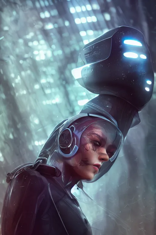 Image similar to Cinestill 50d, 8K, 35mm, beautiful ultra realistic, technology, battle ready grim reaper, retrofuturism, highly detailed, artgerm, artstation, extreme closeup three-quarter android portrait, tilt shift LaGrange point orbit background, three point perspective, focus on portrait of two androids;pointé pose; eye contact, kinemacolor, soft lighting