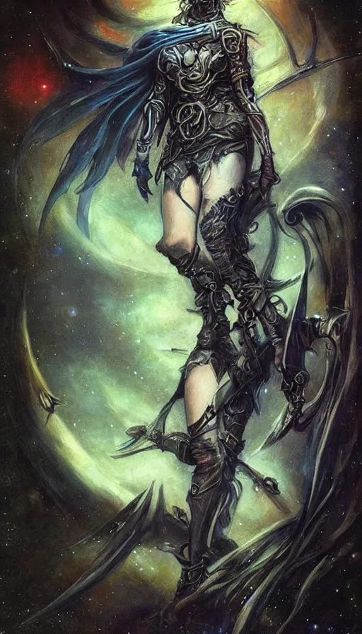 Image similar to portrait of female space pirate, night sky background, beautiful! coherent! by brom, by brian froud, deep color, strong line, high contrast