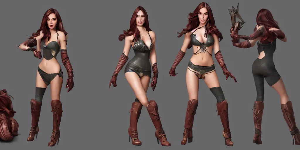 Image similar to character sheet of Megan Fox dressed like Caitlyn in the game League of Legends, with a background based on the game League of Legends, 3d render, octane render, iRay, ray tracing, realistic, highly detailed, trending on artstation, 4k, cgsociety, unreal engine 5, redshift render, blender cycles, behance, cg