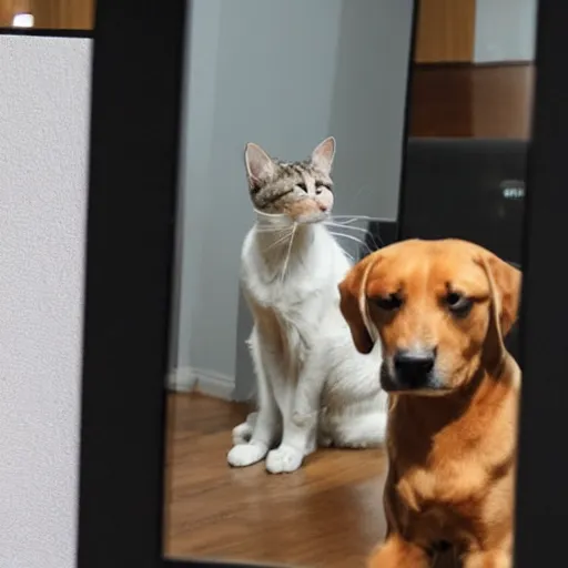 Prompt: A dog looking curiously in the mirror, seeing a cat.