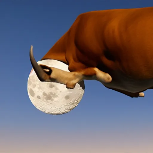 Image similar to ultra realistic cow jumping over the moon