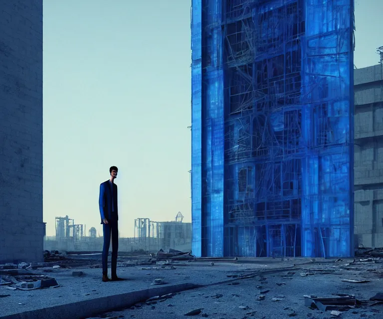 Image similar to tall man consisting of blue translucent shiny material and many sparse steel stripes, standing in huge ruins in the evening. extremely high details, solo, masterpiece, photorealistic, hyperrealism, cinematic, fantasy, octane render, volumetric lighting, depth of field, bokeh, cgsociety by vincent desiderio, shaun downey, daniel e. greene, ed binkley