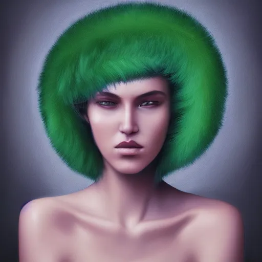 Image similar to symmetrical portrait of beautiful woman with green fuzzy hair, by nick silva, ja mong, digital, soft painting, photorealism