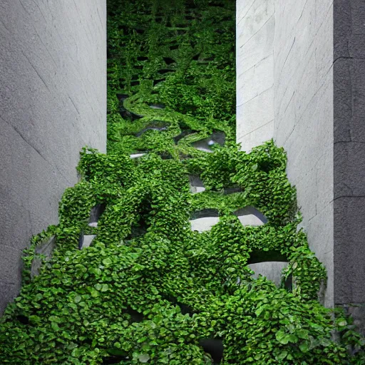 Image similar to a set of stairs with vines growing up them, walls of stone bricks, volumetric bluish light, a raytraced image by Tadao Ando, flickr contest winner, environmental art, streetscape, vray, national geographic photo