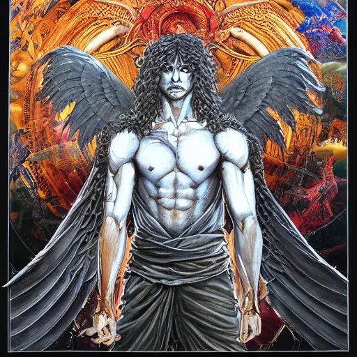 Image similar to 4K headshot portrait of godlike Ripper of Nazareth with defined arms and open hands and bloody clothes with giant mandala wings , intricate face , flawless anime cel animation by Kentaro Miura, psychedelic , highly detailed upper body , professionally post-processed , beautiful, scary, symmetry accurate features, epic, octane rendered, anime masterpiece, accurate by Craig Mullins, ilya kuvshinov, krenz cushart, epic , artgerm trending on artstation by Edward Hopper and Dan Mumford and WLOP and Rutkovsky, beksinski carl spitzweg moebius and tuomas kocar, intricate artwork by caravaggio, Unreal Engine 5, Lumen, Nanite