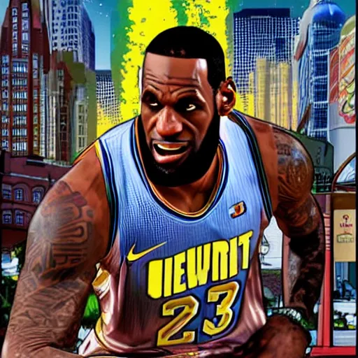 Prompt: happy lebron james, gta v cover art, art by stephen bliss, matte painting