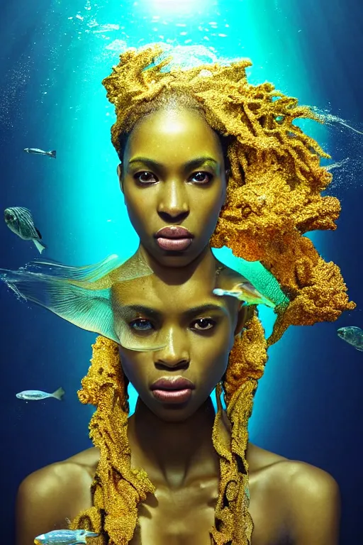 Image similar to hyperrealistic precisionist cinematic underwater scene with fish and algae, very expressive! translucent elegant african goddess, full body, gold jewerly, highly detailed face, digital art masterpiece, eric zener aykut aydogdu, volumetric light, long shot, low angle uhd 8 k, sharp focus