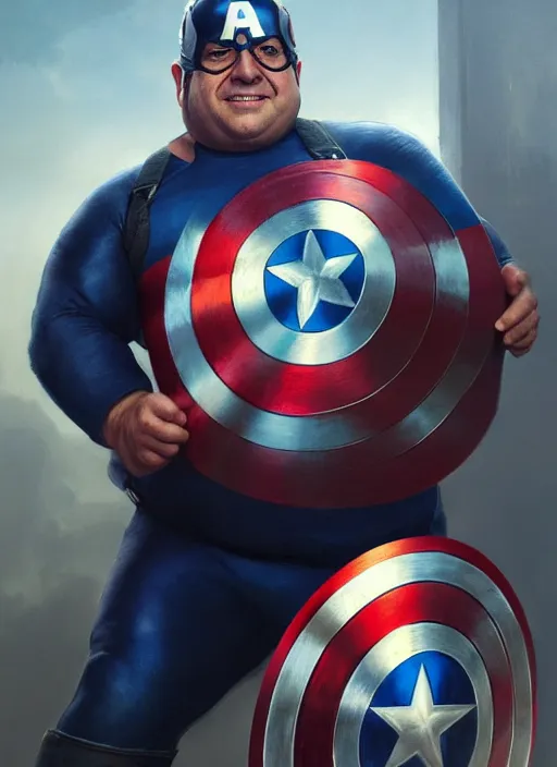 Image similar to Portrait of Fat Danny Devito with his belly sticking out as Captain America, He is Holding his shield while posing, realistic, detailed, 4k by Greg Rutkowski Mark Arian trending on artstation